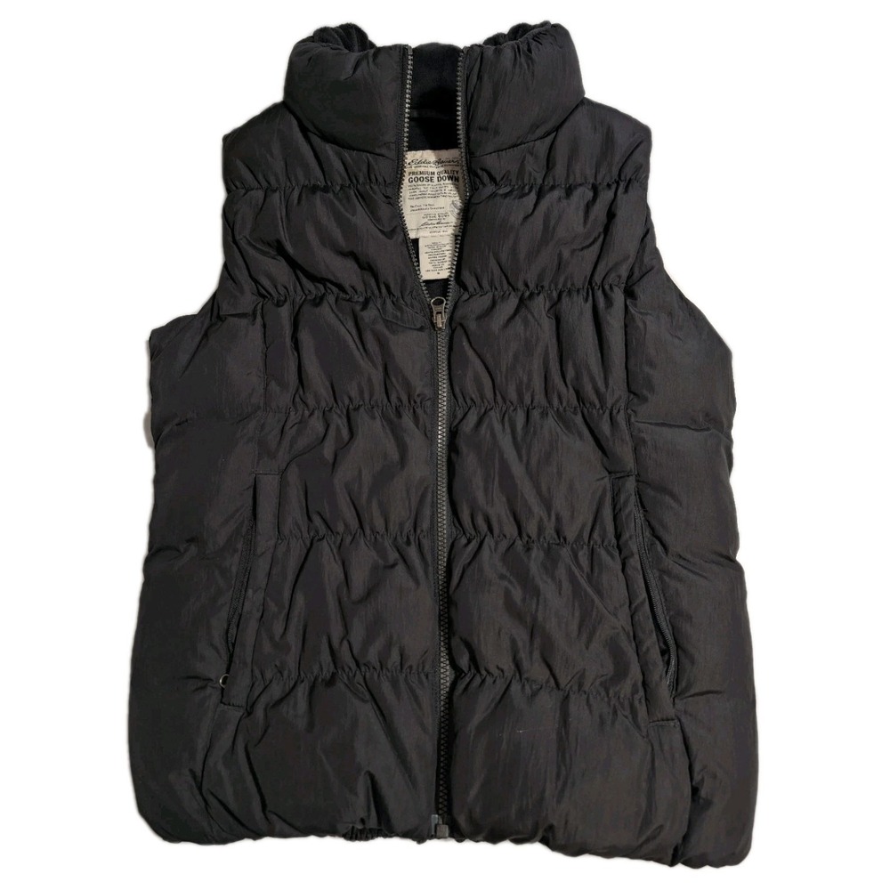 Vintage Eddie Bauer Goose Down Puffer Vest Womens S Black Fleece Lined 90s